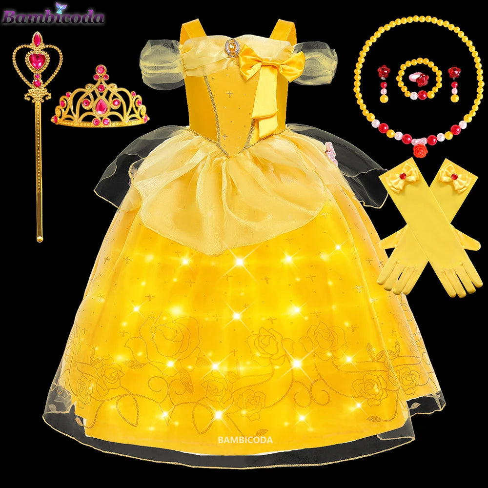 2025 Cosplay Belle Princess Dress Girls Dresses For Beauty and beast Party Clothing Magic stick crown Costume 3-12Y