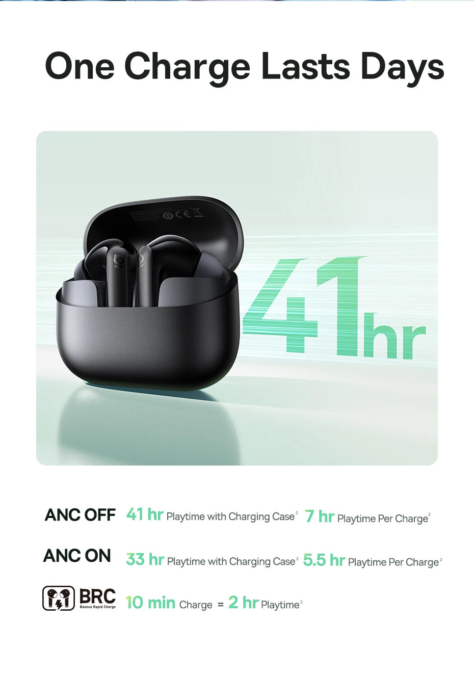 Fones de Ouvido True Wireless Baseus Bass EP10 NC – Cancelamento de Ruído ANC de -43dB, Bluetooth 6.0, Intra-auriculares, 4 Microfones com ENC