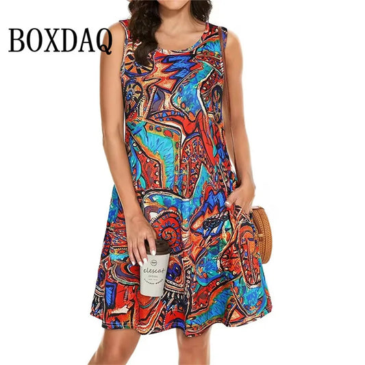2025 Fashion Plus Size Women Casual Short Dresses Elegant Summer Bohemian Dress Pockets Sleeveless Simple Female Clothing Summer