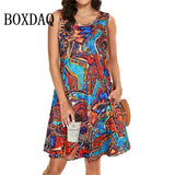 2025 Fashion Plus Size Women Casual Short Dresses Elegant Summer Bohemian Dress Pockets Sleeveless Simple Female Clothing Summer