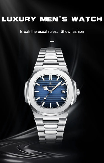 POEDAGAR Square Luxury Men Wristwatch Waterproof Luminous Date Stainless Steel Male Clock Business Sports Quartz Watches For Men