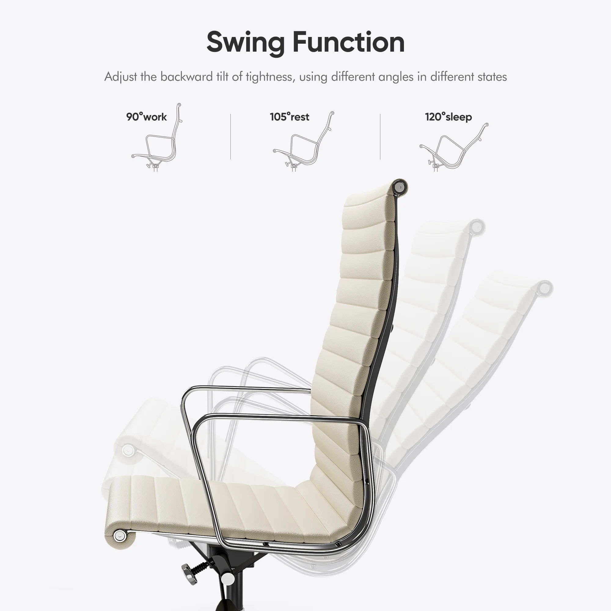 Silla de oficina acanalada con respaldo medio, silla de escritorio de cuero genuino blanco, silla de escritorio ergonómica ajustable para ordenador para oficina de estudio