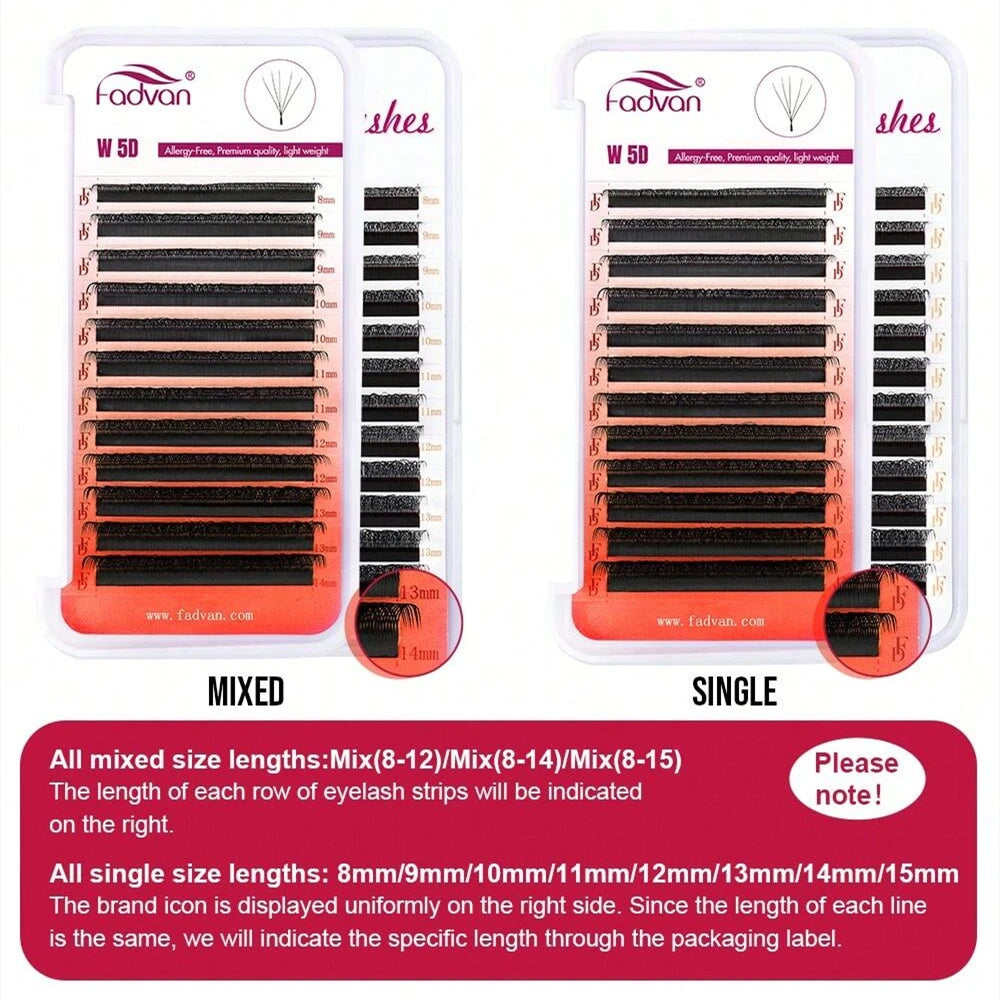 Extensiones de pestañas postizas Fadvan Light 5D con forma de W de 0,07 mm de diámetro, rizadas, con degradado de visón sintético, prefabricadas, con volumen en abanico. 