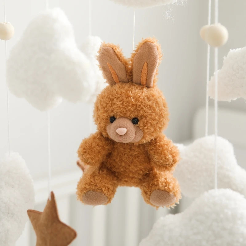 Baby Crib Mobile Rattle Toy Wooden Bed Bell Mobile Hanging Teddy Velvet Bear Doll Toy Newborn Music Box Crib Mobile Bracket Gift