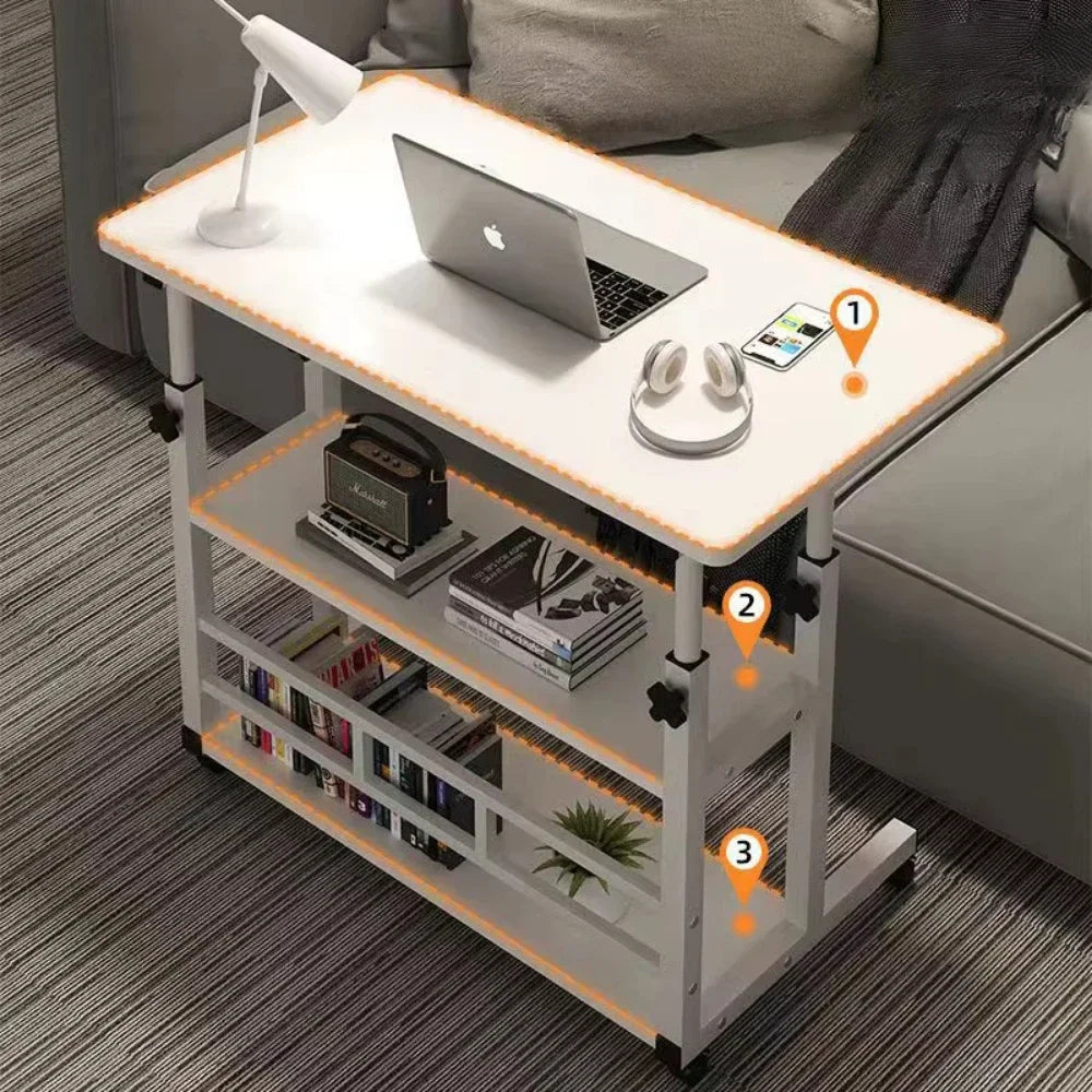 Simples de camada dupla pequena mesa de escritório, bancada móvel lateral de altura ajustável, laptop em pé, mesa de cabeceira