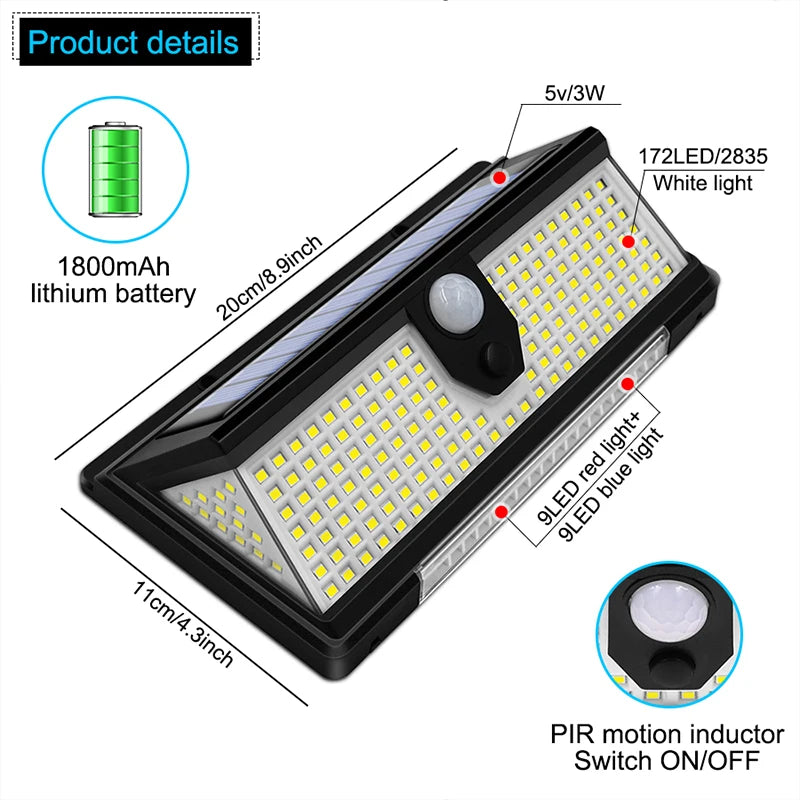 Solar LED Outdoor Light with 4 Working Mode, Garden Decoration, Motion Sensor, Wall Lamps, IP65 Waterproof, 190LED 