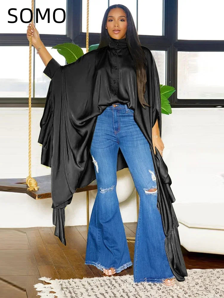 SOMO - Blusa larga plisada con mangas murciélago para mujer, tallas grandes, manga larga, blusa irregular, talla única, descarga gratuita, envío directo, 2023 