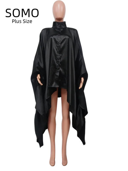 Somo-longo plissado bat blusa para as mulheres, roupas tamanho grande, camisa de manga longa, blusa irregular, tamanho único, download gratuito, dropshipping, 2023