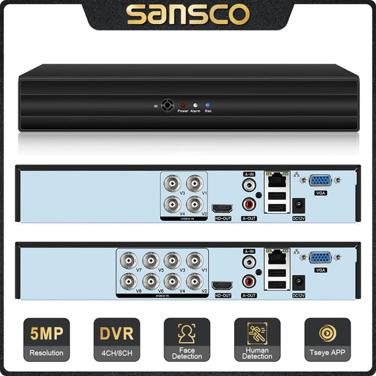 Soscoo H.265 4CH/8CH CCTV DVR 5MP 5-in-1 Hybrid Digital Video Recorder AHD CVI TVI CVBS IP Camera Home Security System Onvif 