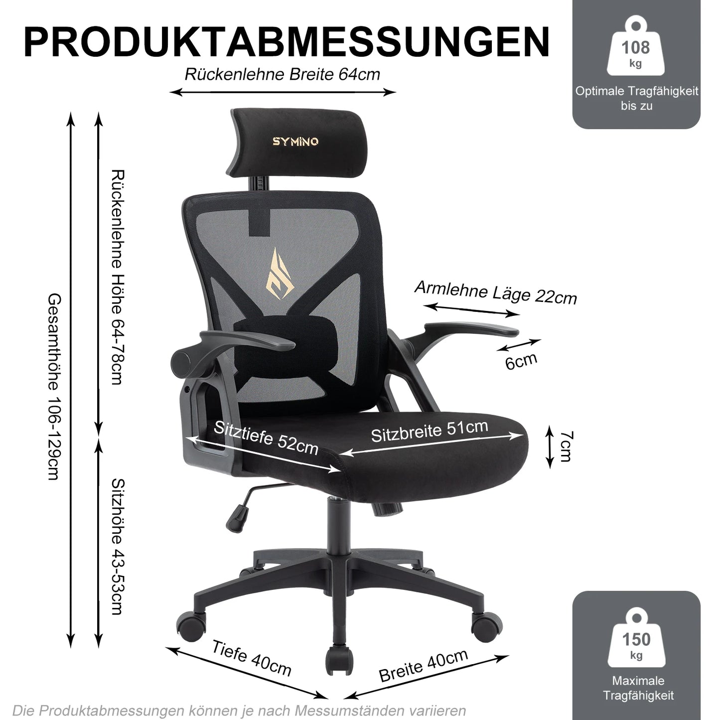 Symino-Cadeira ergonômica do escritório com encosto de cabeça ajustável, apoio lombar, função rotativa do balancim