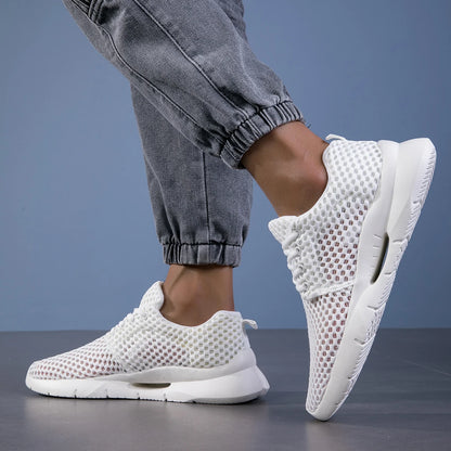 Tênis de malha respirável masculino, leve, confortável, casual, preto, slip-on, dirigindo, mocassins masculinos, caminhada, verão, novo, branco