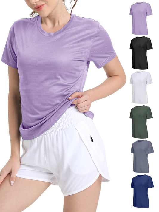 T-shirt desportiva de secagem rápida para mulher, cor sólida, ultraleve, respirável, leve, para corrida e ginásio