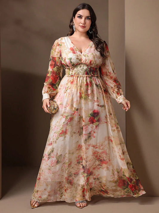 TOLEEN-Vestido de festa casual formal feminino, manga comprida elegante, estampa floral com camisas, plus size, primavera, verão, novo, 2022