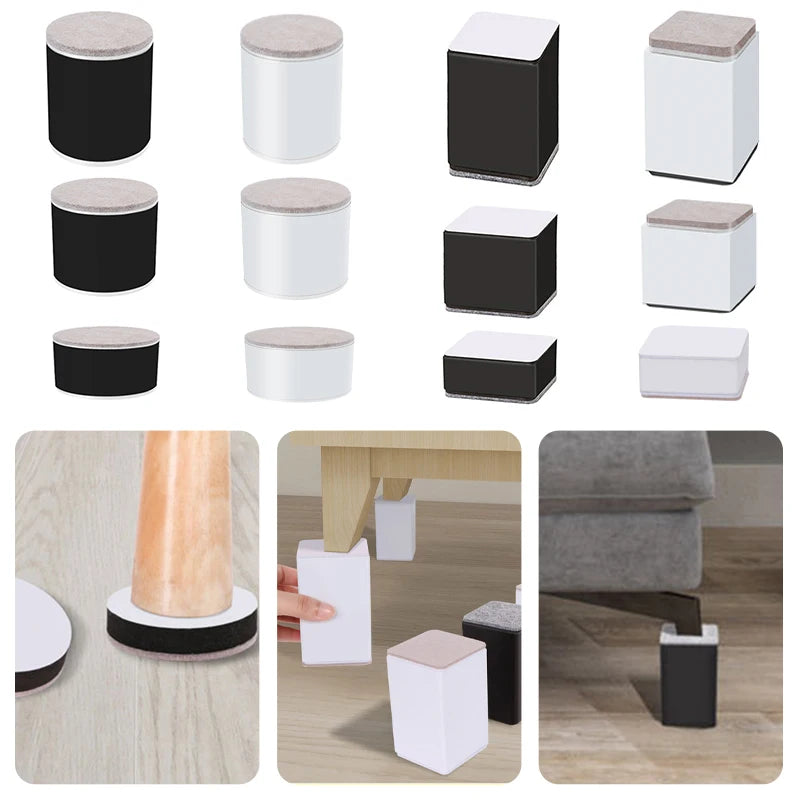 Table Leg Heightening Pad, preto, branco Shape, redondo, quadrado, silencioso, resistente ao desgaste, protege o chão, carbono, steelfelt, EVA, 4pcs