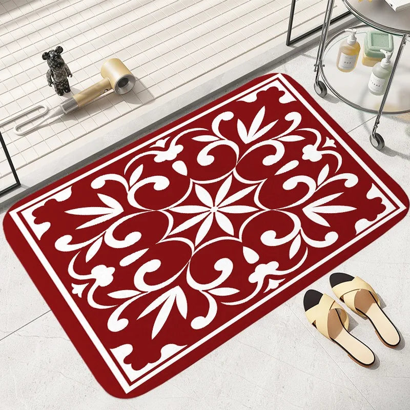 Tapete de chão com padrão vermelho e branco, quarto, banheiro, absorvente, decoração de casa, sala de estar, entrada