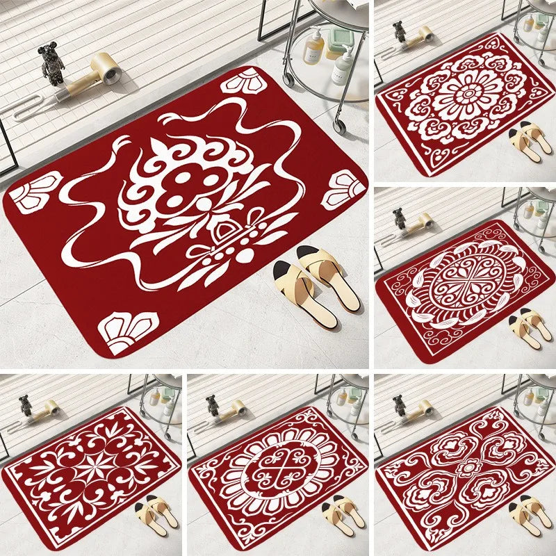 Tapete de chão com padrão vermelho e branco, quarto, banheiro, absorvente, decoração de casa, sala de estar, entrada