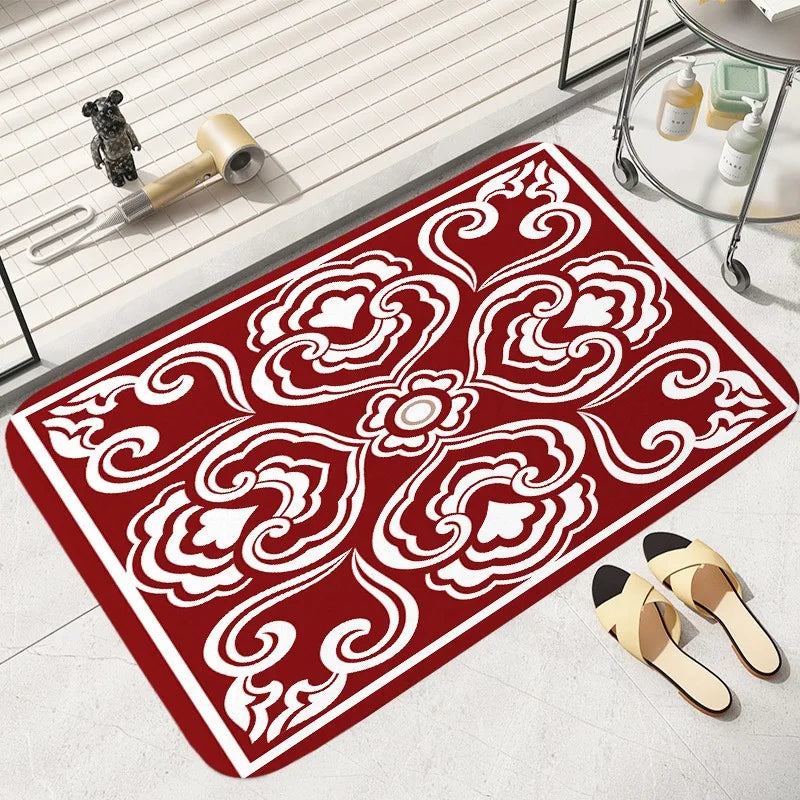 Tapete de chão com padrão vermelho e branco, quarto, banheiro, absorvente, decoração de casa, sala de estar, entrada
