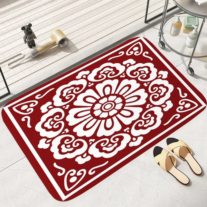 Tapete de chão com padrão vermelho e branco, quarto, banheiro, absorvente, decoração de casa, sala de estar, entrada