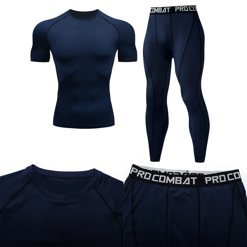 Traje deportivo de compresión para hombre, conjunto deportivo ajustado de yoga, entrenamiento en gimnasio, jogging, ropa deportiva MMA, pantalones de entrenamiento, traje deportivo (2 piezas) 