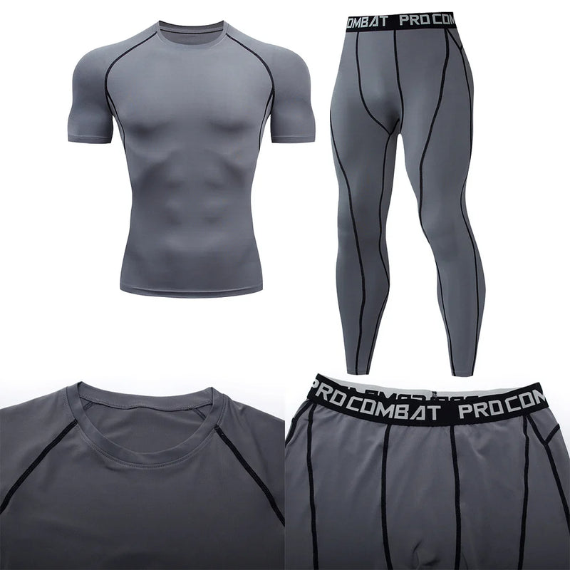 Traje deportivo de compresión para hombre, conjunto deportivo ajustado de yoga, entrenamiento en gimnasio, jogging, ropa deportiva MMA, pantalones de entrenamiento, traje deportivo (2 piezas) 
