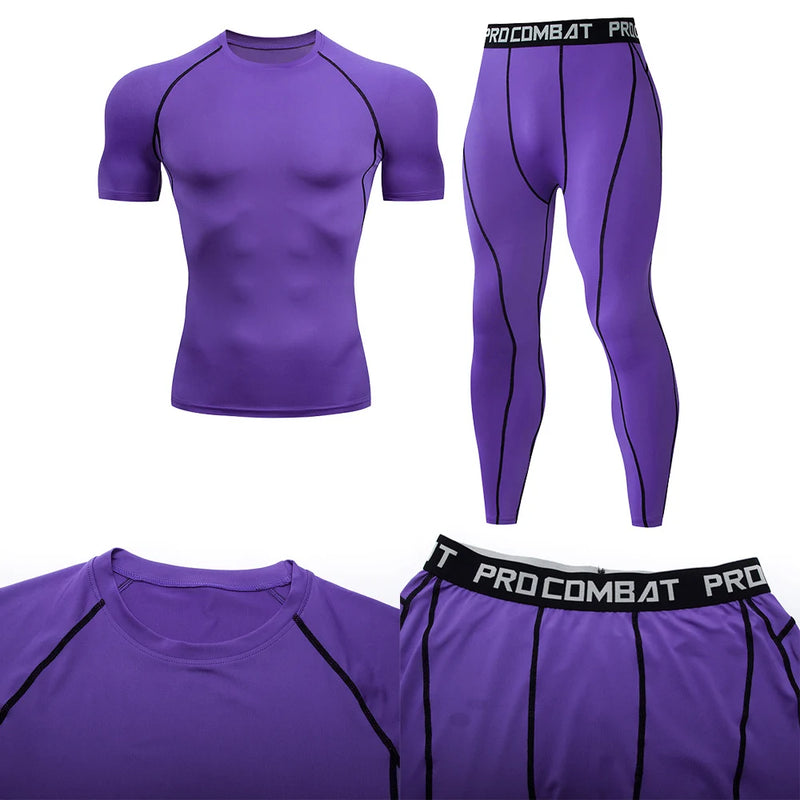 Traje deportivo de compresión para hombre, conjunto deportivo ajustado de yoga, entrenamiento en gimnasio, jogging, ropa deportiva MMA, pantalones de entrenamiento, traje deportivo (2 piezas) 