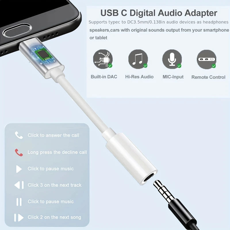 Tipo C Adaptador Aux para iPhone, Cabo de áudio para Huawei, Xiaomi, Redmi, POCO, Samsung, 3,5mm a 8Pin, 3, 5 Jack, 3,5mm