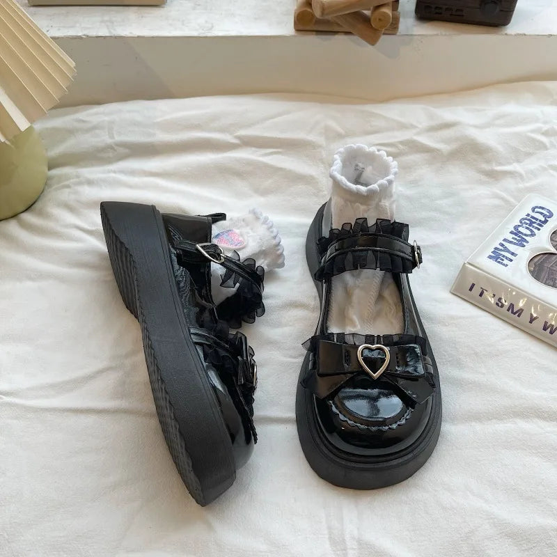 Round Toe Mary Jane Shoes For Women Pumps Buckle Butterfly Knot Platform Casual Shoes For Ladies Spring Autumn New Fashion Solid 2024 