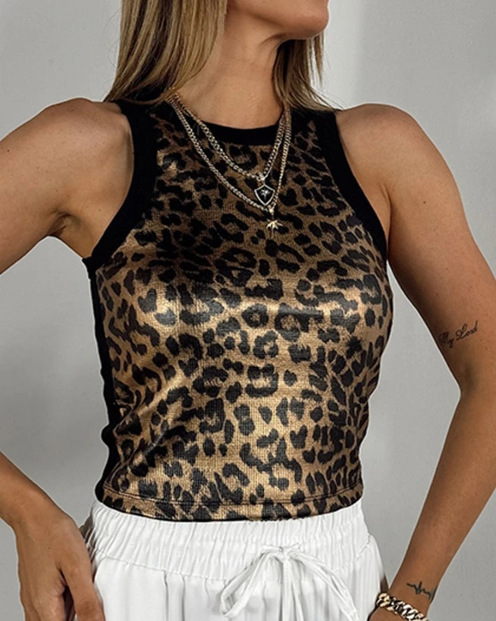 Top feminino 2024 verão moda jacquard leopardo padrão metálico o-pescoço sem mangas casual magro diário colheita tanque topo