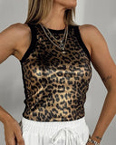 Top feminino 2024 verão moda jacquard leopardo padrão metálico o-pescoço sem mangas casual magro diário colheita tanque topo