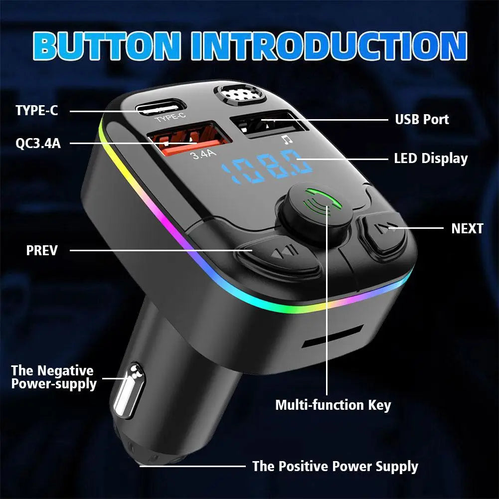 Bluetooth 5.0 Car FM Transmitter, Hands-Free, Dual USB, 3.1A Fast Charger, Ambient Light, Cigarette Lighter, Car Interior Accessories 