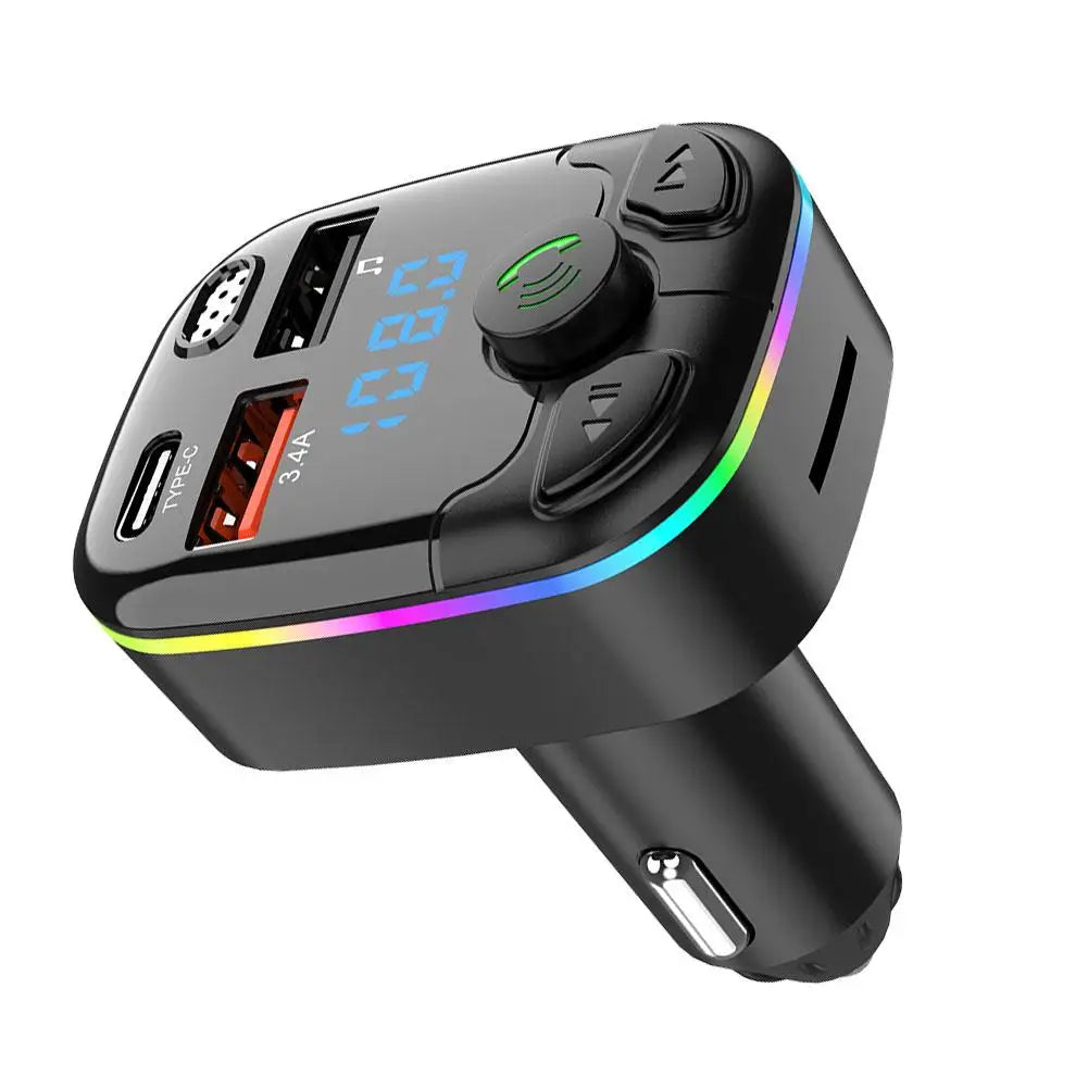 Bluetooth 5.0 Car FM Transmitter, Hands-Free, Dual USB, 3.1A Fast Charger, Ambient Light, Cigarette Lighter, Car Interior Accessories 