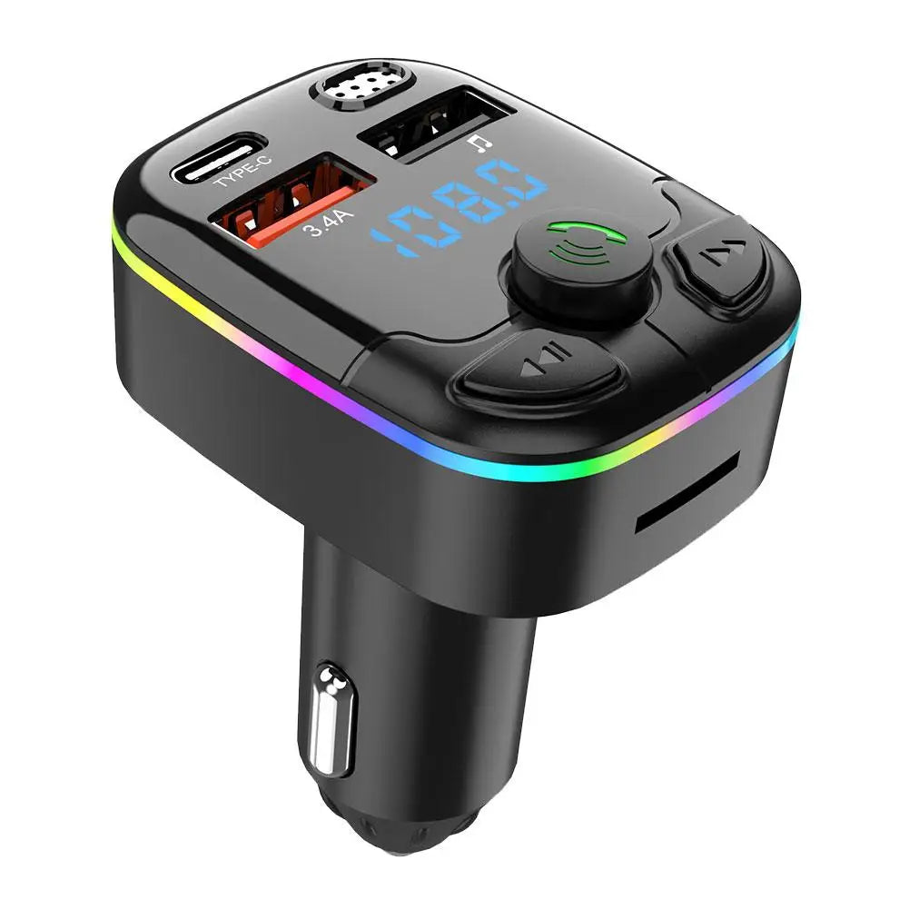 Bluetooth 5.0 Car FM Transmitter, Hands-Free, Dual USB, 3.1A Fast Charger, Ambient Light, Cigarette Lighter, Car Interior Accessories 