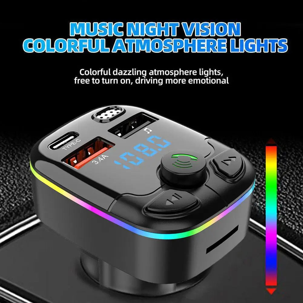 Bluetooth 5.0 Car FM Transmitter, Hands-Free, Dual USB, 3.1A Fast Charger, Ambient Light, Cigarette Lighter, Car Interior Accessories 