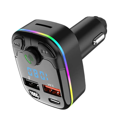 Transmisor FM para coche con Bluetooth 5.0, manos libres, doble USB, cargador rápido de 3,1 A, luz ambiental, encendedor y accesorios para el interior del coche. 