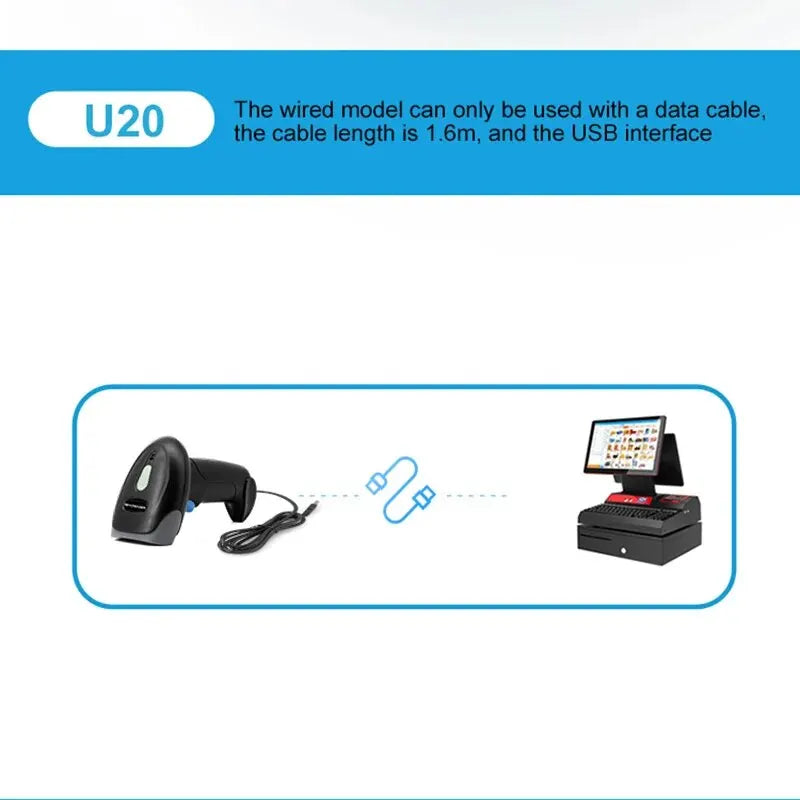 U20 USB Wired Handheld Supermarket Barcode Reader, U20, 1D, 2D, Warehouse, Barcode, QR Code Scanner, CMOS Image, High Speed ​​Decoding