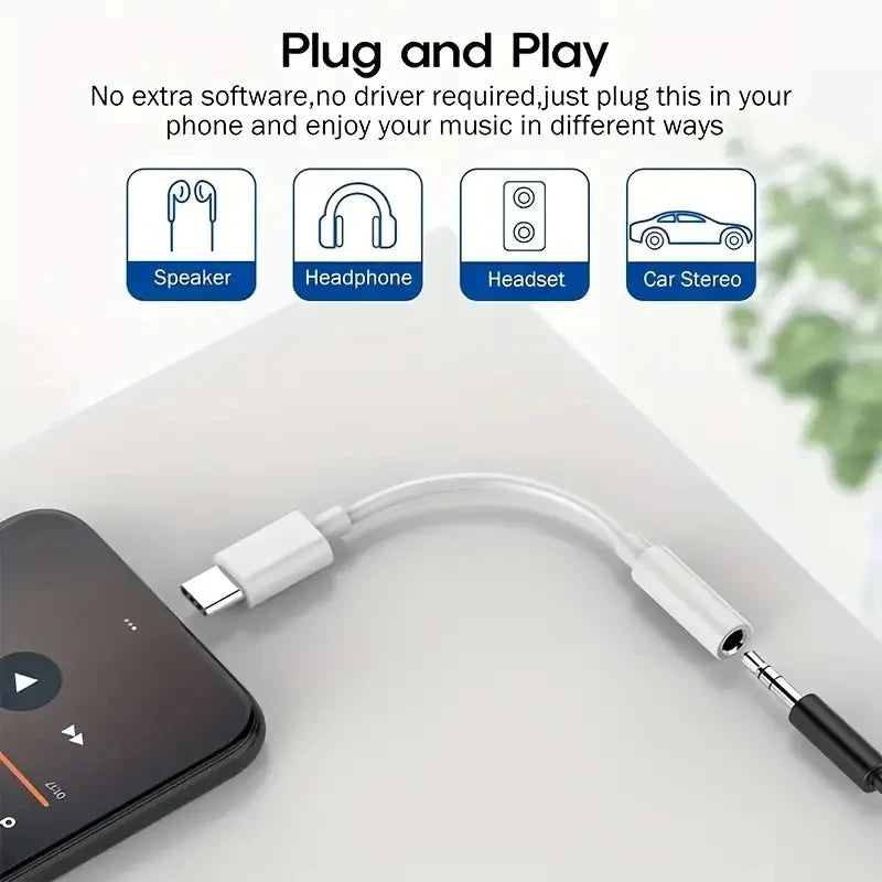 USB tipo C para 3.5 Jack fone de ouvido adaptador, conversor de cabo de áudio, USB-C, iPhone 15, 15 Pro Max, Samsung Galaxy, Huawei, Xiaomi, 3, 5mm