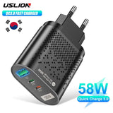 USLION-USB C Travel Fast Charging Charger, Tablet, Laptop, PD, Quick Charge 3.0, Wall Phone Adapter, iPhone 15, Xiaomi, 58W