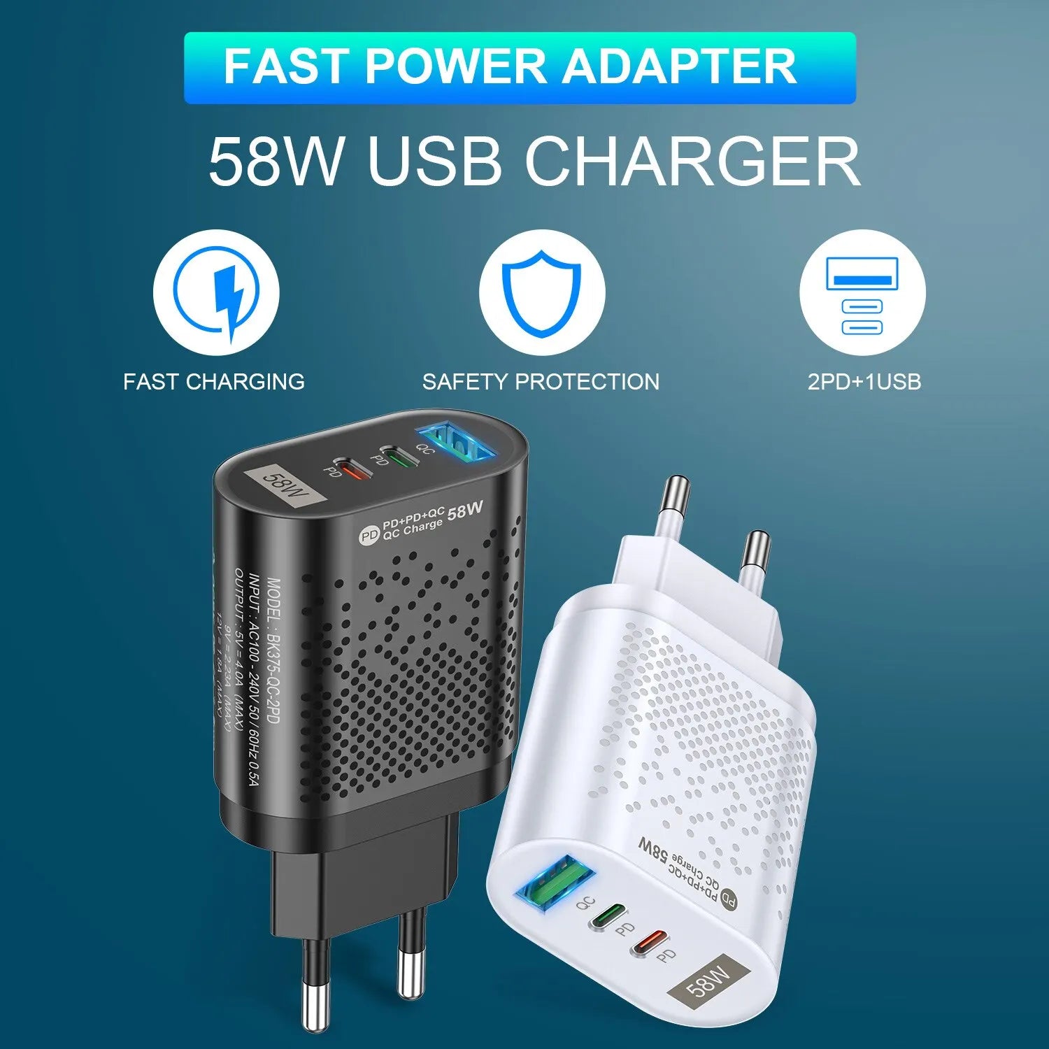 USLION-USB C Travel Fast Charging Charger, Tablet, Laptop, PD, Quick Charge 3.0, Wall Phone Adapter, iPhone 15, Xiaomi, 58W