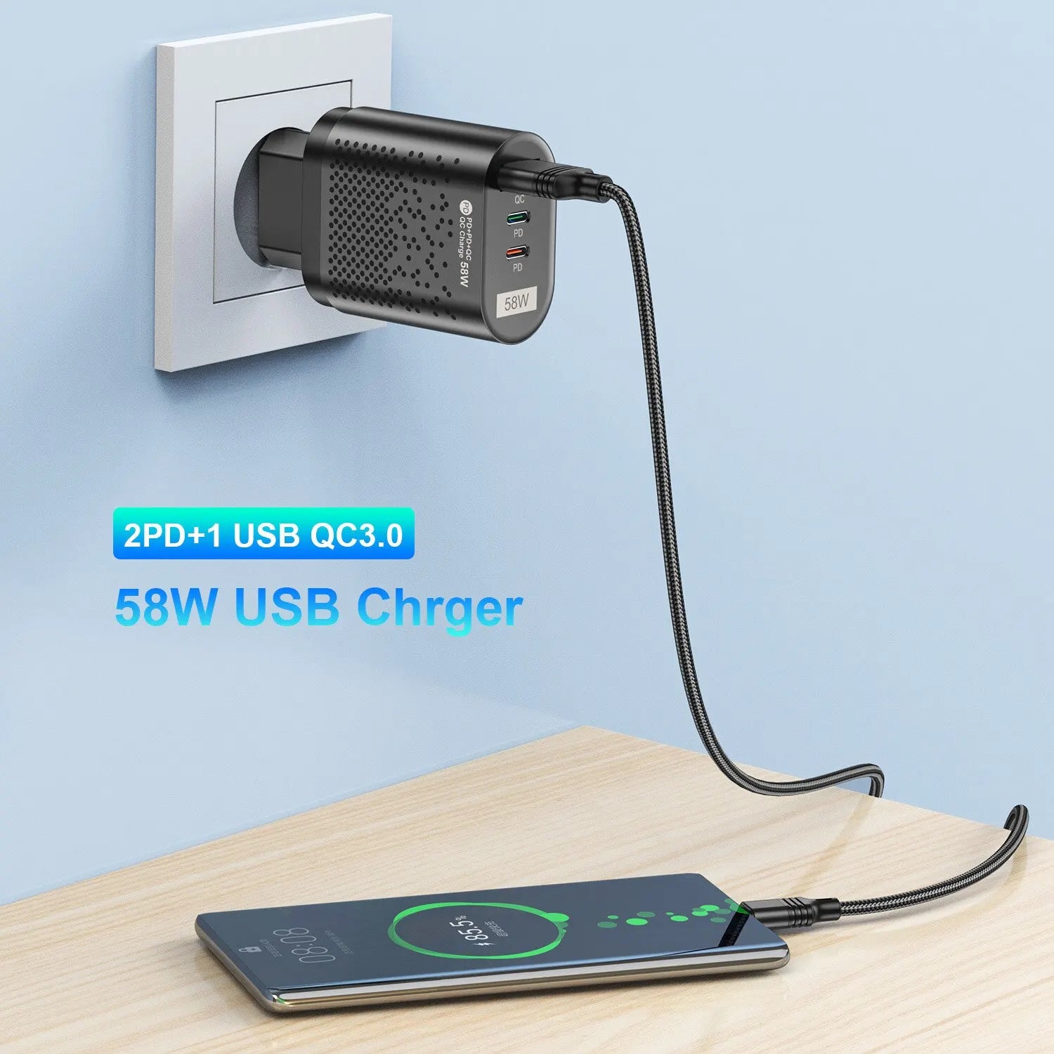 USLION-USB C Travel Fast Charging Charger, Tablet, Laptop, PD, Quick Charge 3.0, Wall Phone Adapter, iPhone 15, Xiaomi, 58W