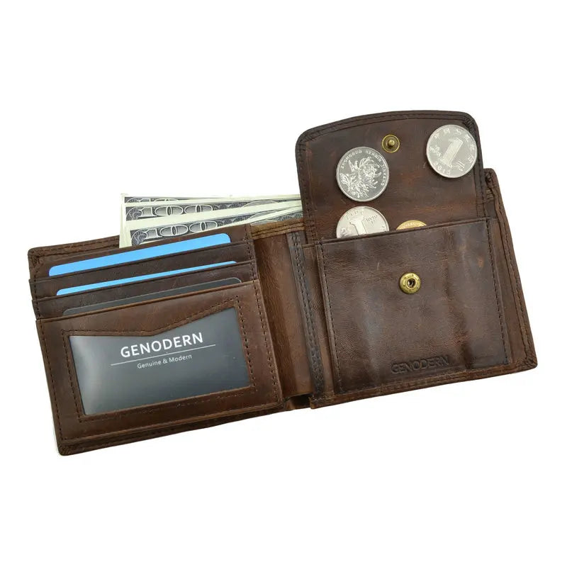 GENODERN Cow Leather Men's Wallets with Coin Pocket Vintage Male Purse RFID Blocking Genuine Leather Men's Wallet with Card Holders