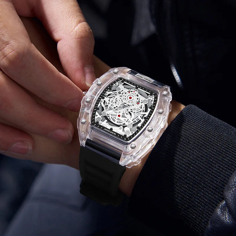 UTHAI - Reloj de cuarzo transparente para hombre, con cuerpo hueco, personalizado, resistente al agua, con calendario, informal, deportivo y moderno, BK134 