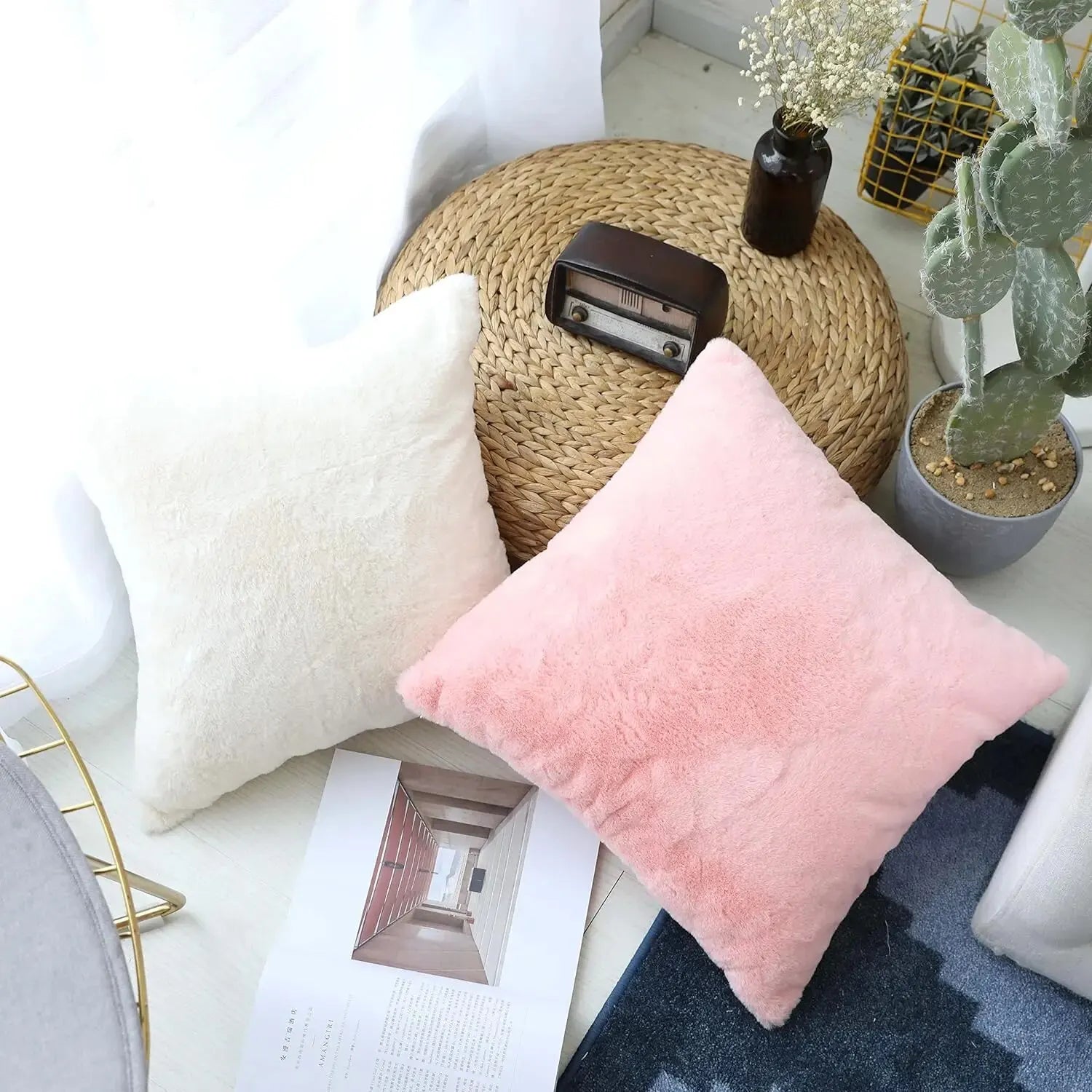 Ultra Soft Faux Rabbit Fur Throw Pillow Case, Warm Plush, Decorative Pillow, Cushion Cover for Sofa, Bedroom, Living Room, Luxury