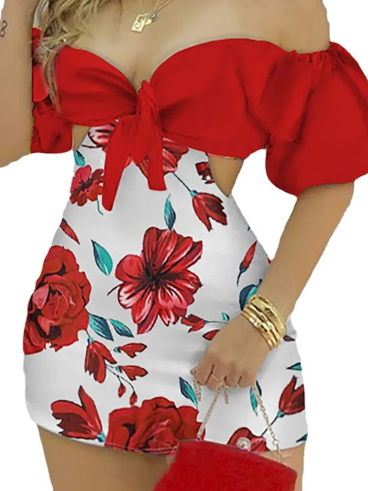 Um ombro feminino com estampa floral fino macacão curto, bodycon sexy, temperamento senhora streetwear, oco fora, moda verão