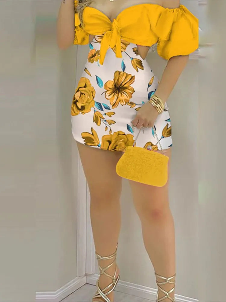 Um ombro feminino com estampa floral fino macacão curto, bodycon sexy, temperamento senhora streetwear, oco fora, moda verão