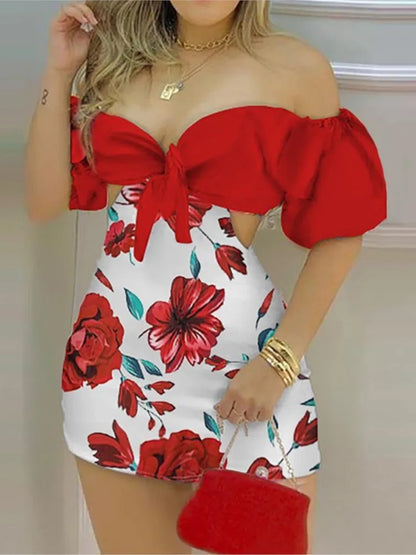 Um ombro feminino com estampa floral fino macacão curto, bodycon sexy, temperamento senhora streetwear, oco fora, moda verão