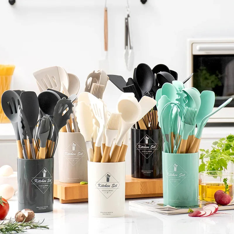 Utensilios de cocina de silicona de grado alimenticio, cuchara medidora, espátula, herramienta práctica de cocina, juego de utensilios de cocina, utensilios de cocina, espátula, 12 piezas 