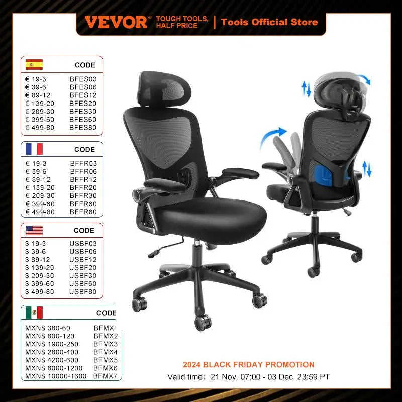 VEVOR-Cadeira Ergonômica de Escritório com Assento Deslizante, Assento de Malha, Apoio Lombar Ajustável, Ângulo e Altura, Cadeira Home Office