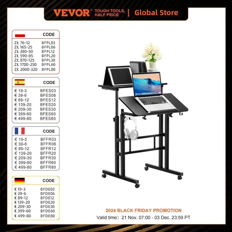 VEVOR-Gas-Spring Height Adjustable Sit-Stand Desk, Writing Desk with 360° Swivel Wheels, Home Office, Rolling Laptop Table, Tiltable, 26.4"-39.9" 