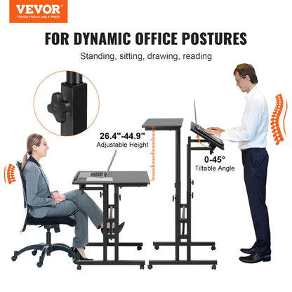 VEVOR-Gas-Spring Height Adjustable Sit-Stand Desk, Writing Desk with 360° Swivel Wheels, Home Office, Rolling Laptop Table, Tiltable, 26.4"-39.9" 