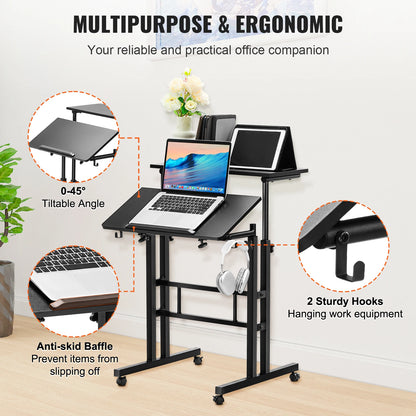 VEVOR-Gas-Spring Height Adjustable Sit-Stand Desk, Writing Desk with 360° Swivel Wheels, Home Office, Rolling Laptop Table, Tiltable, 26.4"-39.9" 